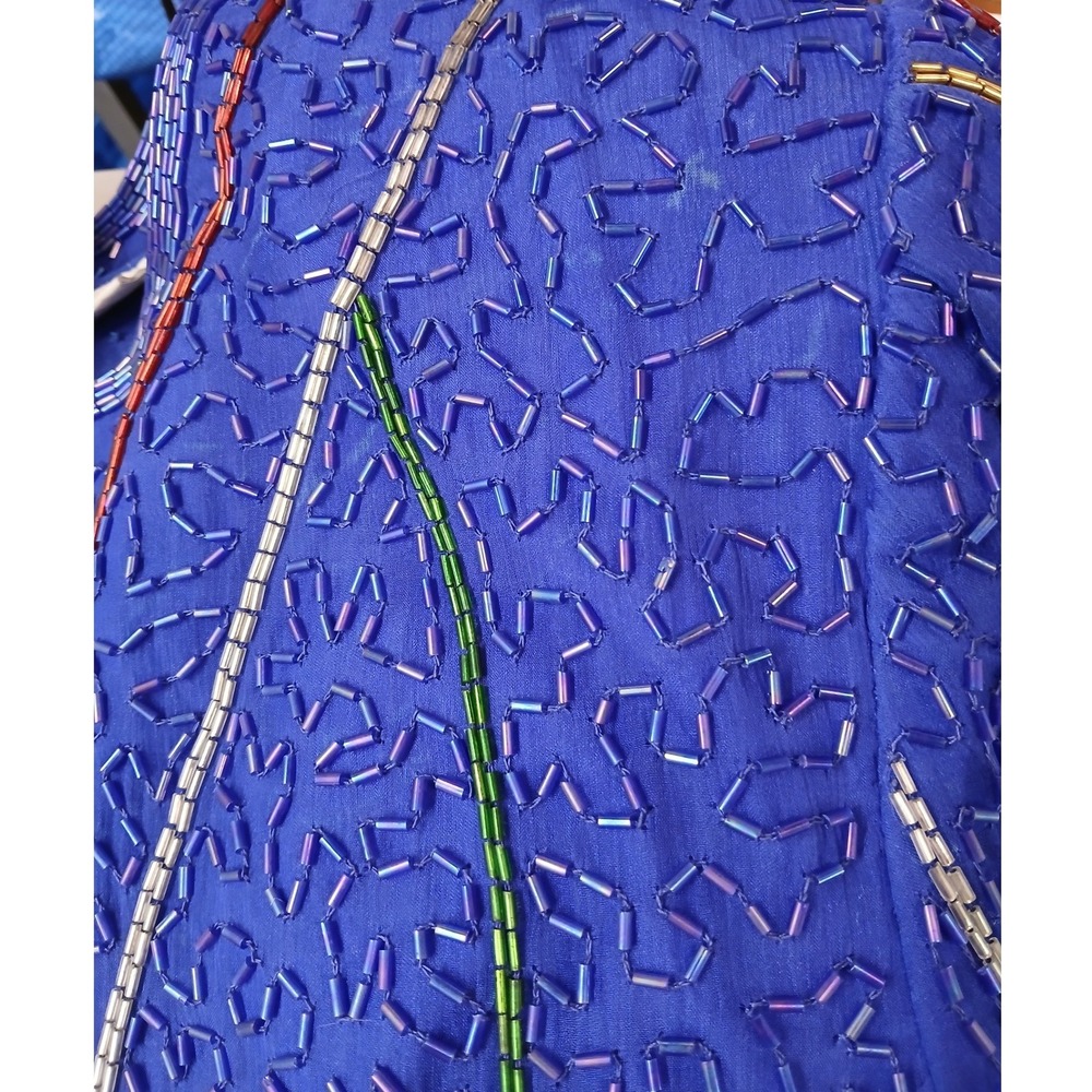 VTG Laurence Kazar New York Silk Beaded Cocktail Dress Royal Blue Wave 80s 90s L - Picture 7 of 7